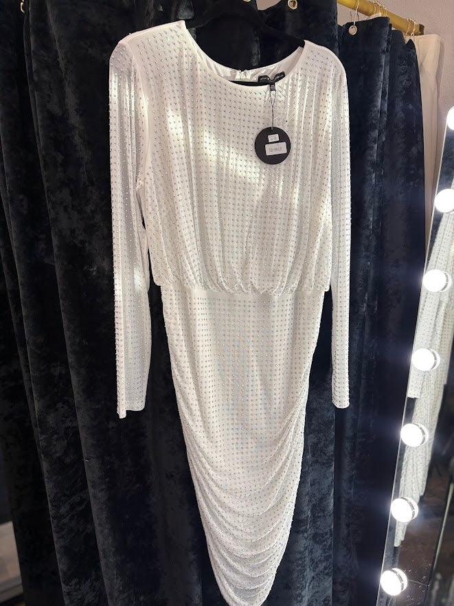 White Rhinestone Ruched Midi Dress