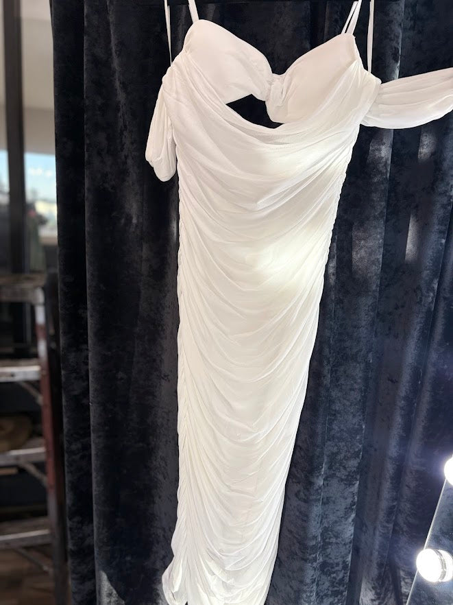 White Ruched Off-Shoulder Maxi Dress