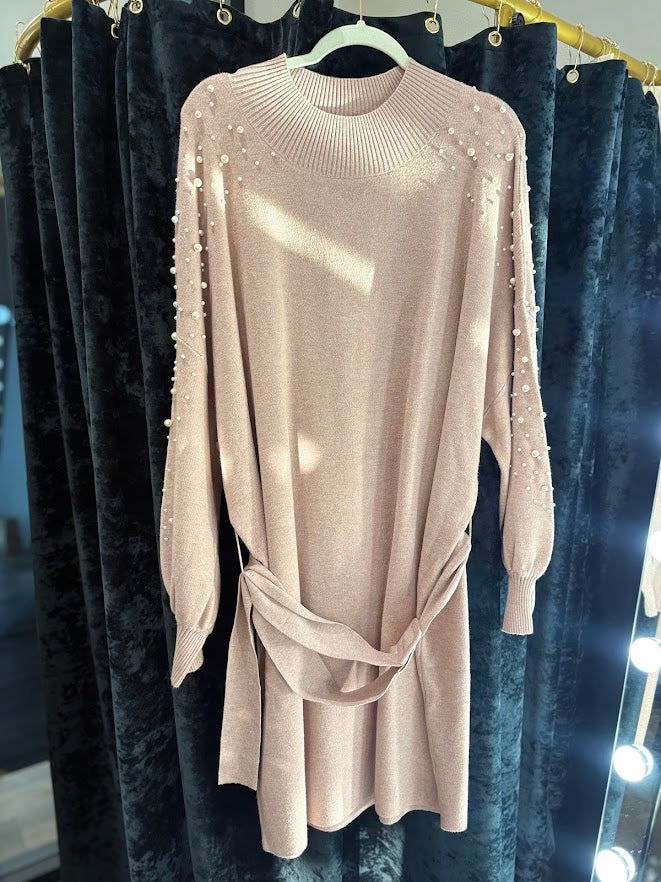 Beige Beaded Sweater Dress