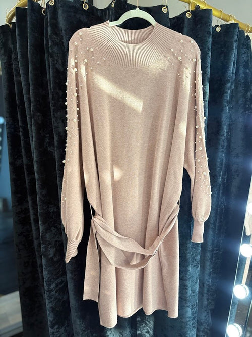 Beige Beaded Sweater Dress