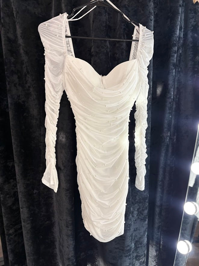 White Beaded Mini Ruched Dress
