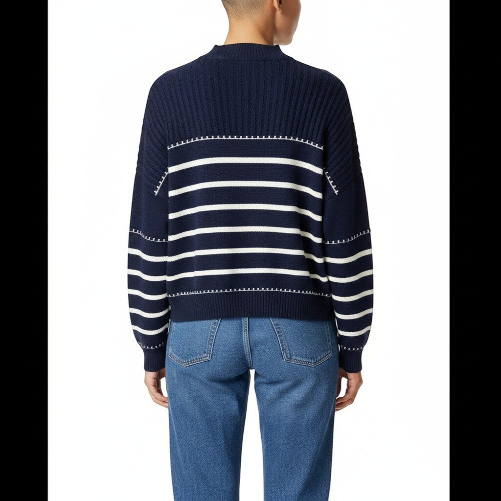 Timeless Boutique navy blue and white striped knit sweater with ribbed collar and cuffs.