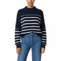 Timeless Boutique navy and white striped knit sweater with mock neck and ribbed cuffs.