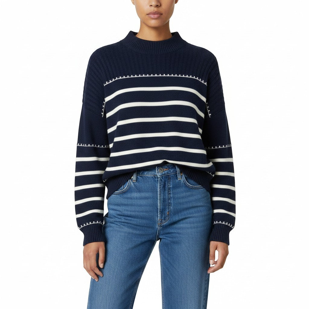 Timeless Boutique navy and white striped knit sweater with mock neck and ribbed cuffs.